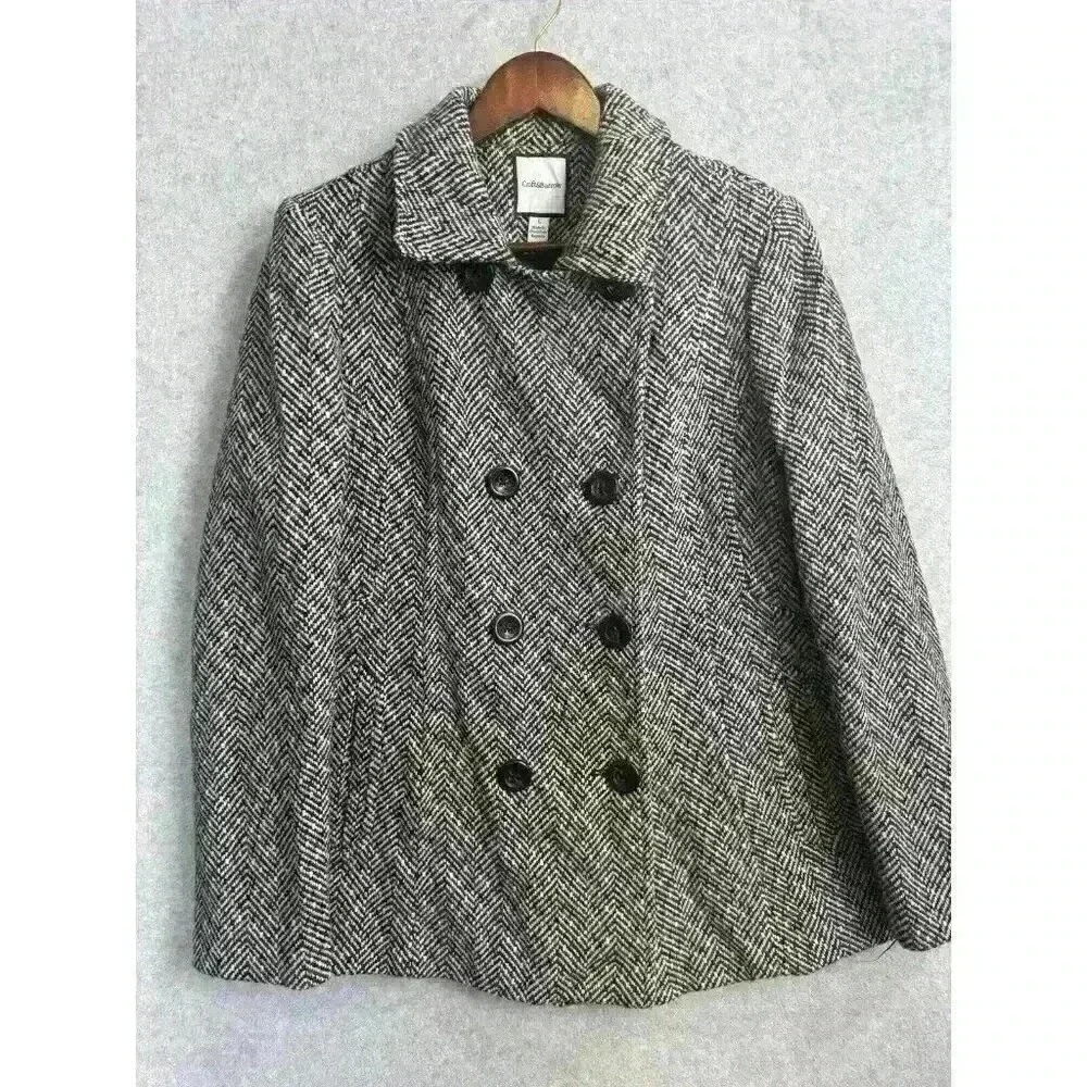 Croft & Barrow Sz L Wool Herringbone Double Breasted Collared Pea Coat EUC‎